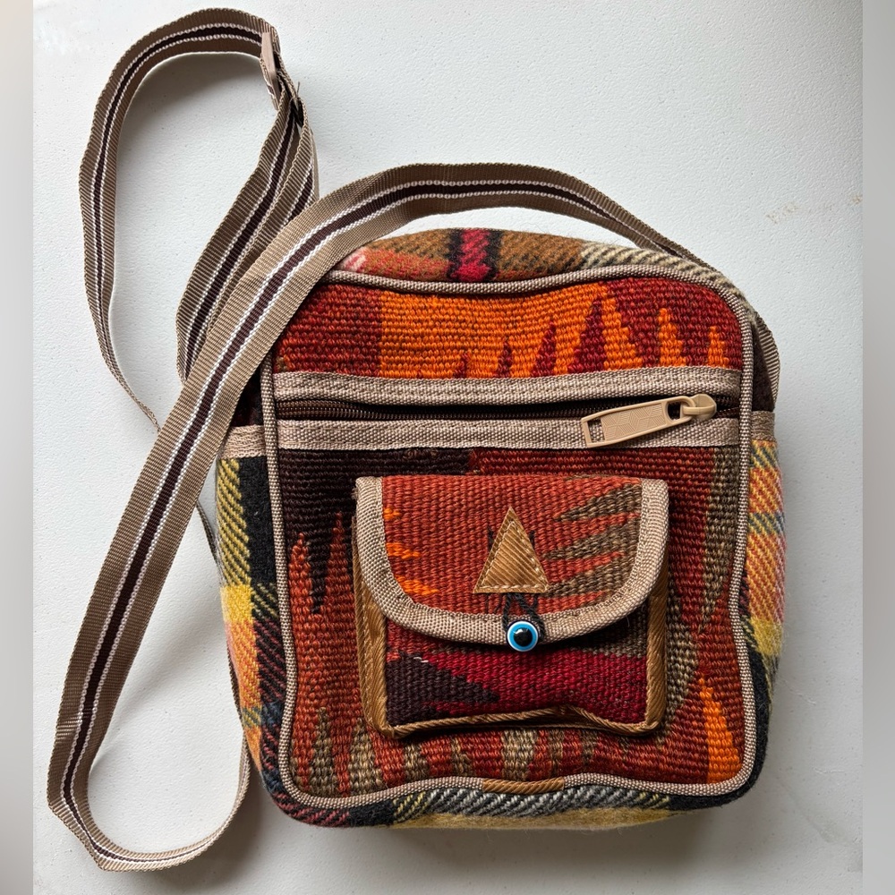 Unique Turkish Kilim Cross-Body Bag Colorful Geometric Pattern & Evil Eye Bead